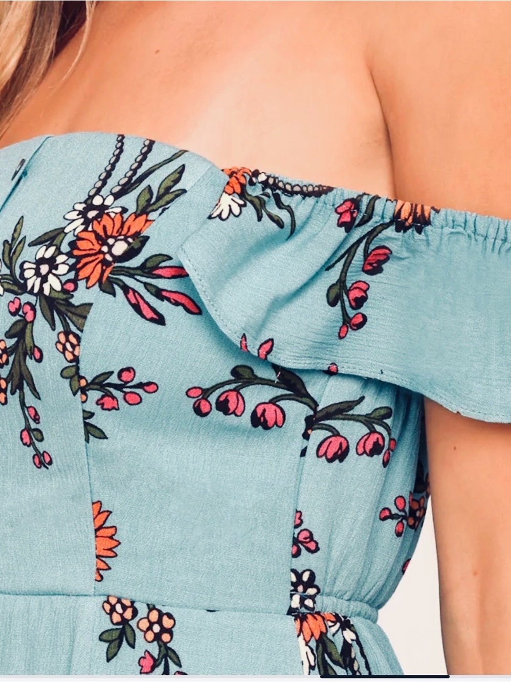 Lulus Off-Shoulder Floral Mini Dress in Teal Sz S - Picture 3 of 12